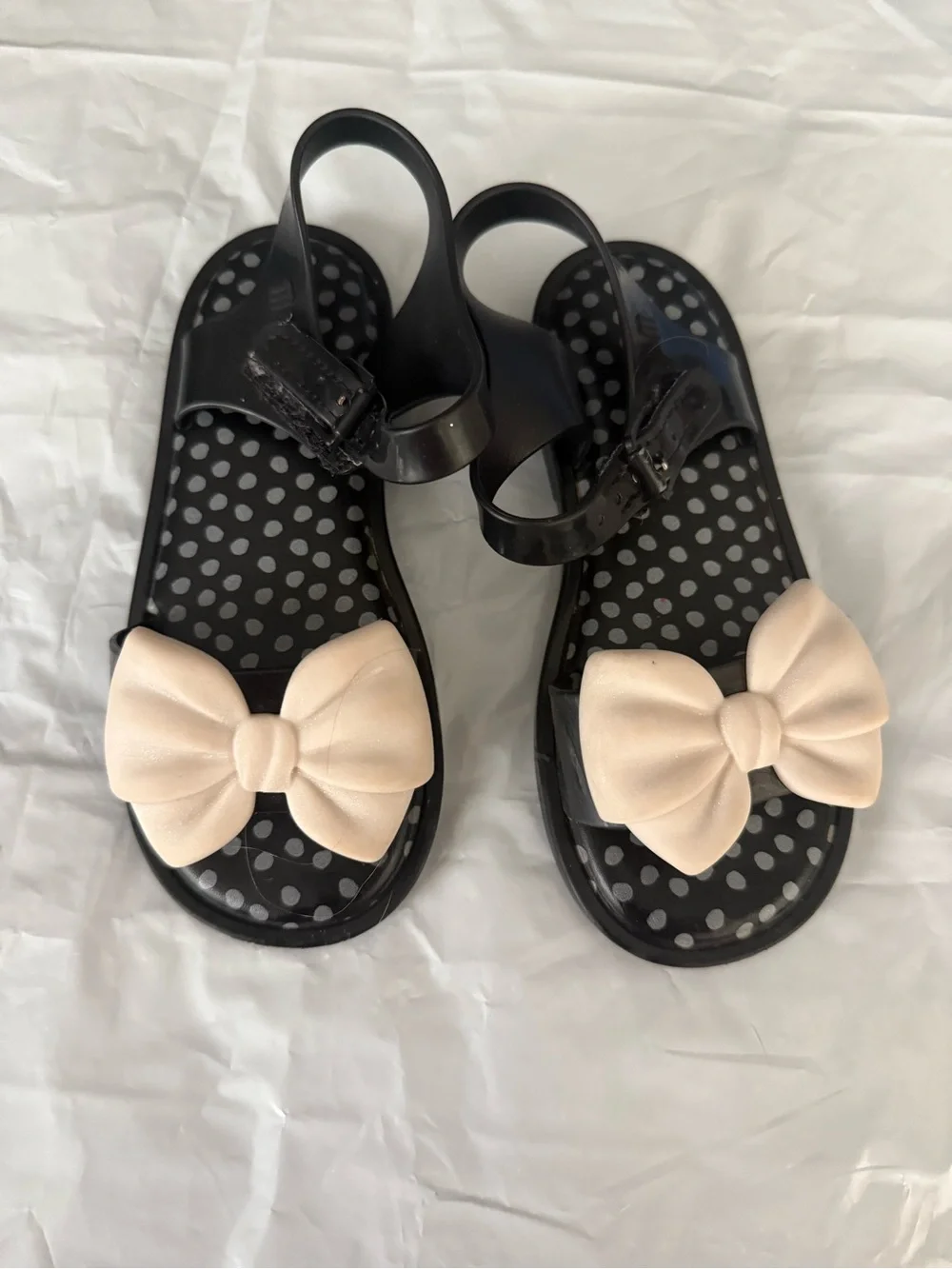 Mini Melissa Black Polka Dot Sandals with Cream Bow